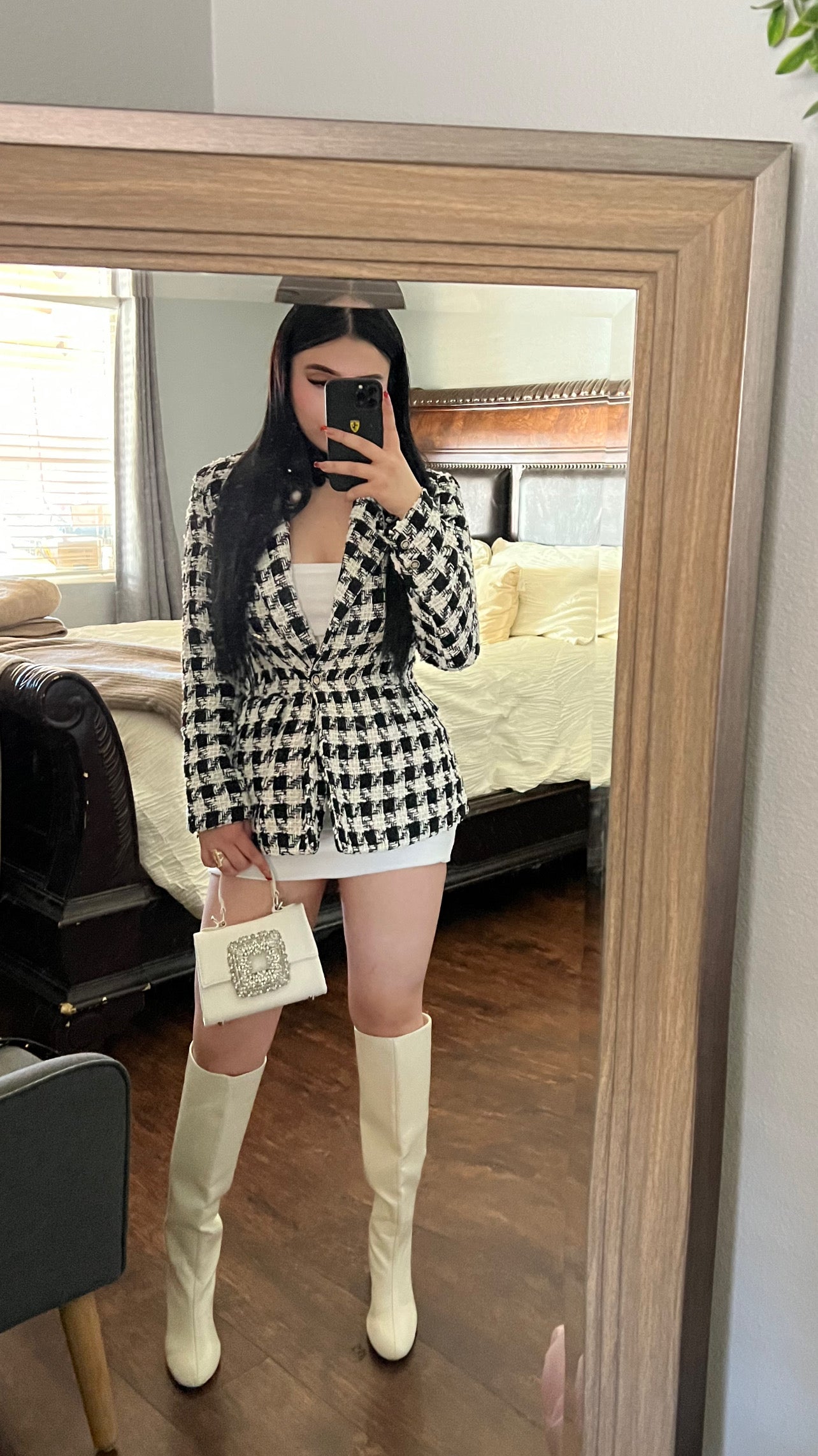 Black Zara Blazer & White Zara Spaghetti Lined Dress Underneath