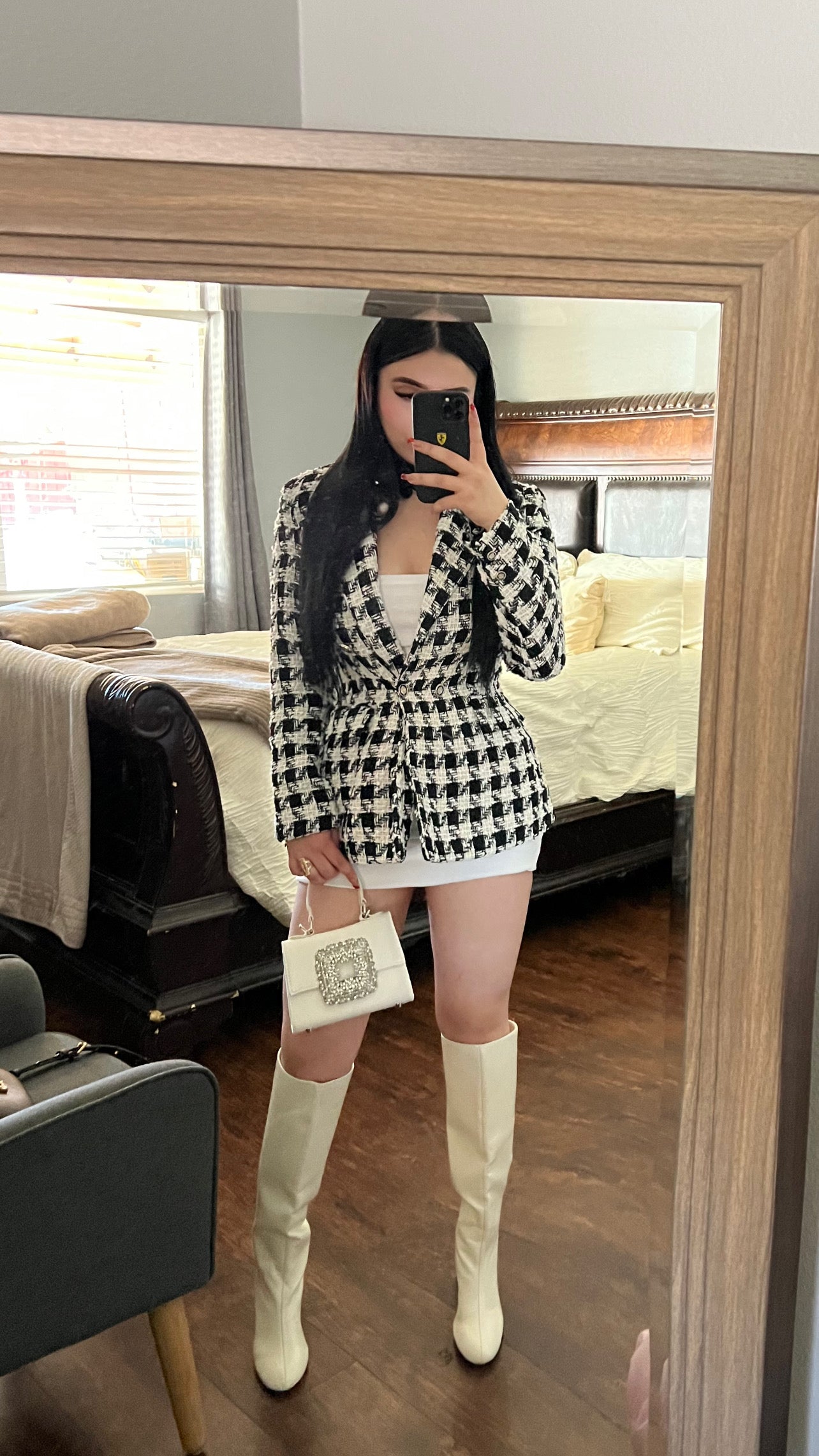Black Zara Blazer & White Zara Spaghetti Lined Dress Underneath