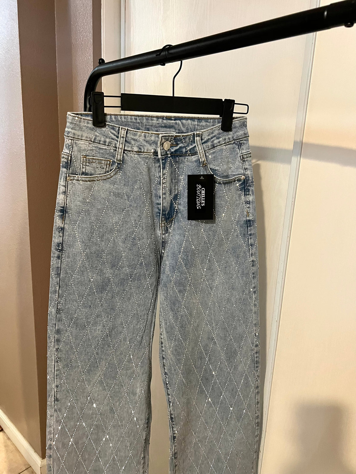 Diamond Ruffled Jeans Light Diamond Shape Rhinestone Jeans – Chelle’s Boutique