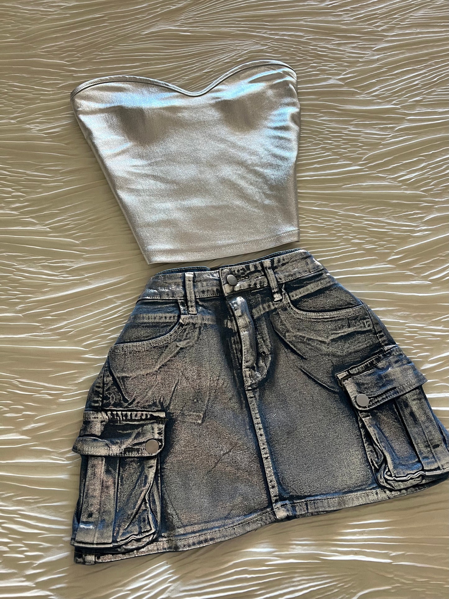 Metalic Foil Denim Cargo Skirt