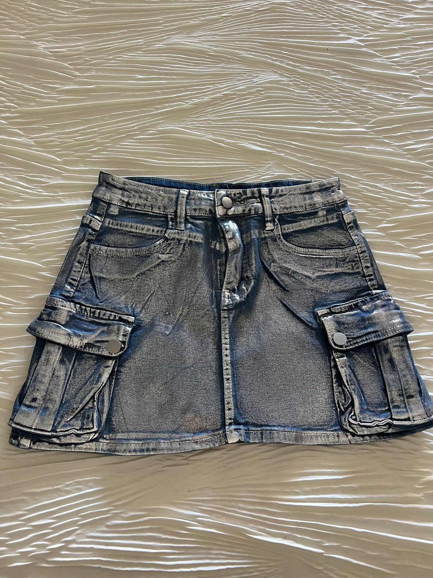 Metalic Foil Denim Cargo Skirt