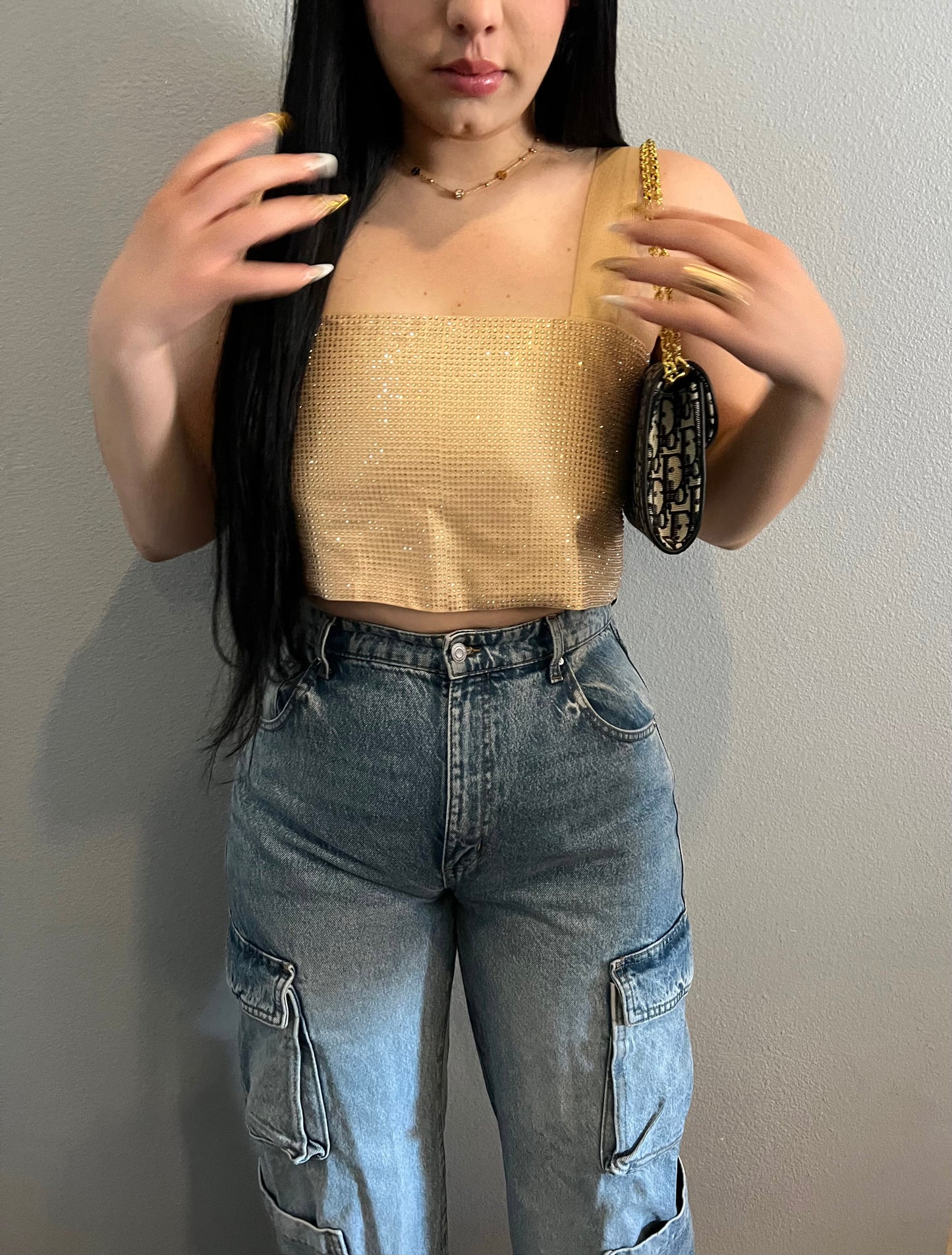 Rhinestone Taupe Crop Satin Top