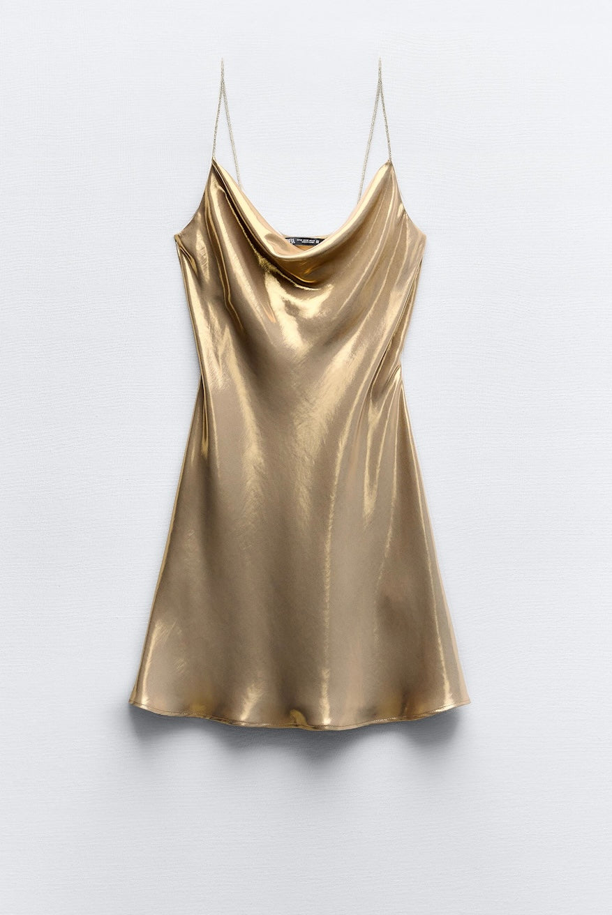 Zara Gold Silk Rhinestone Dress