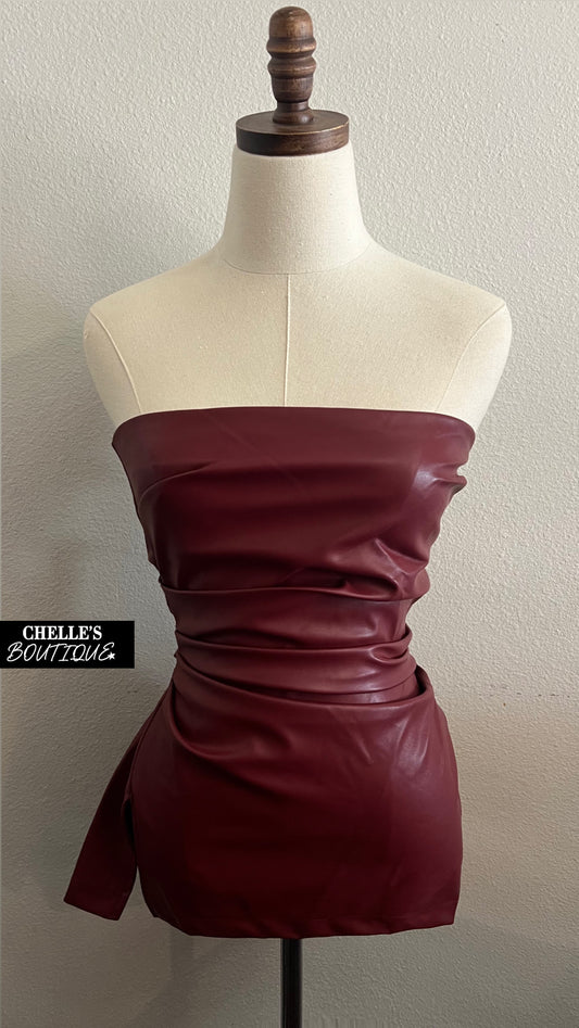 Wine Leather Rouched Top