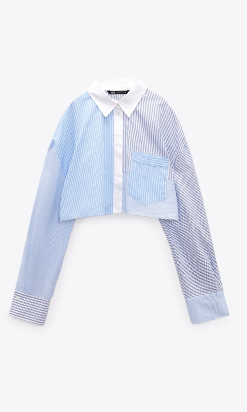 ZARA Stripper Patchwork Crop Poplin Shirt