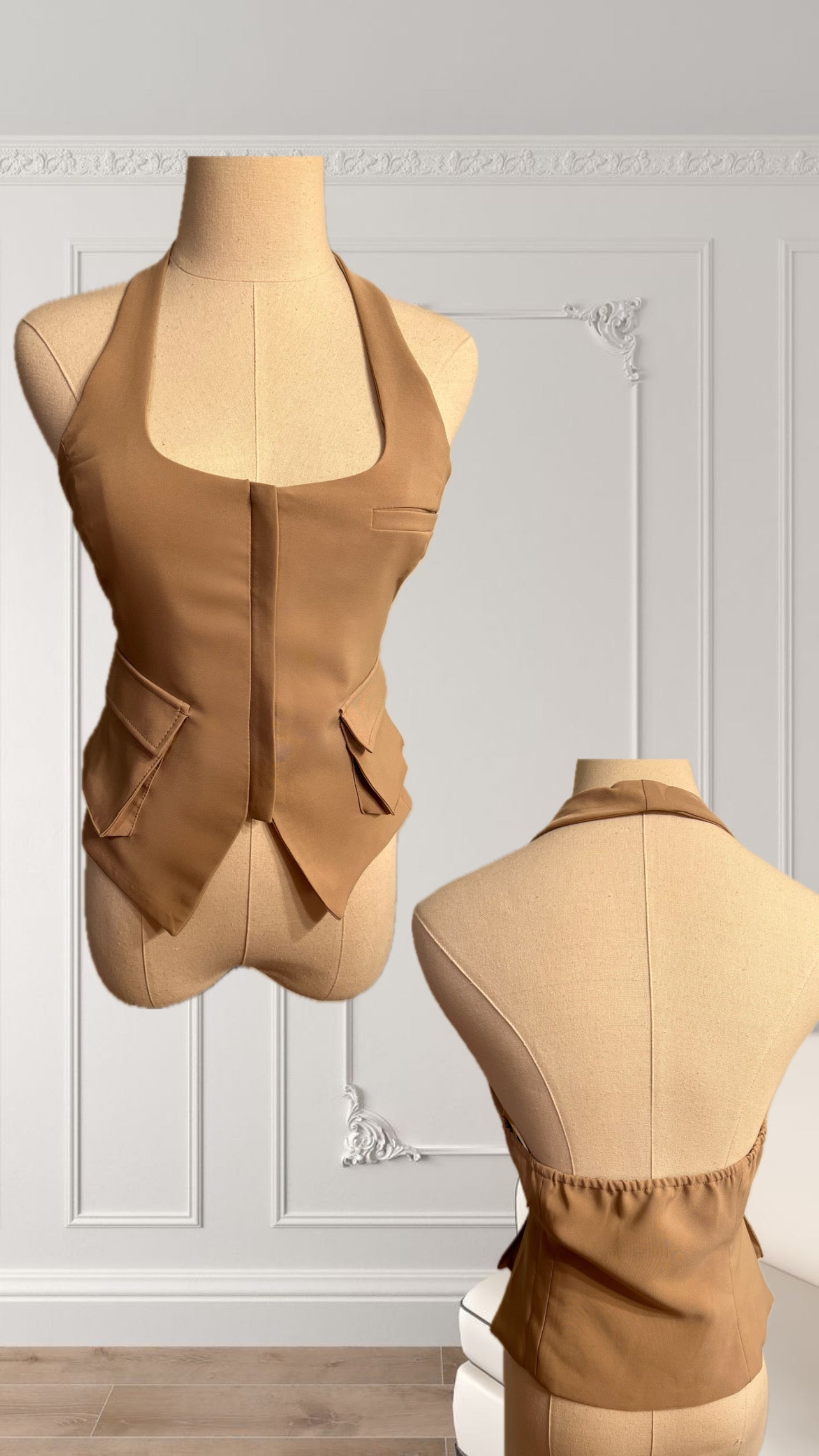 Brown Fitted Pocket Halter Top