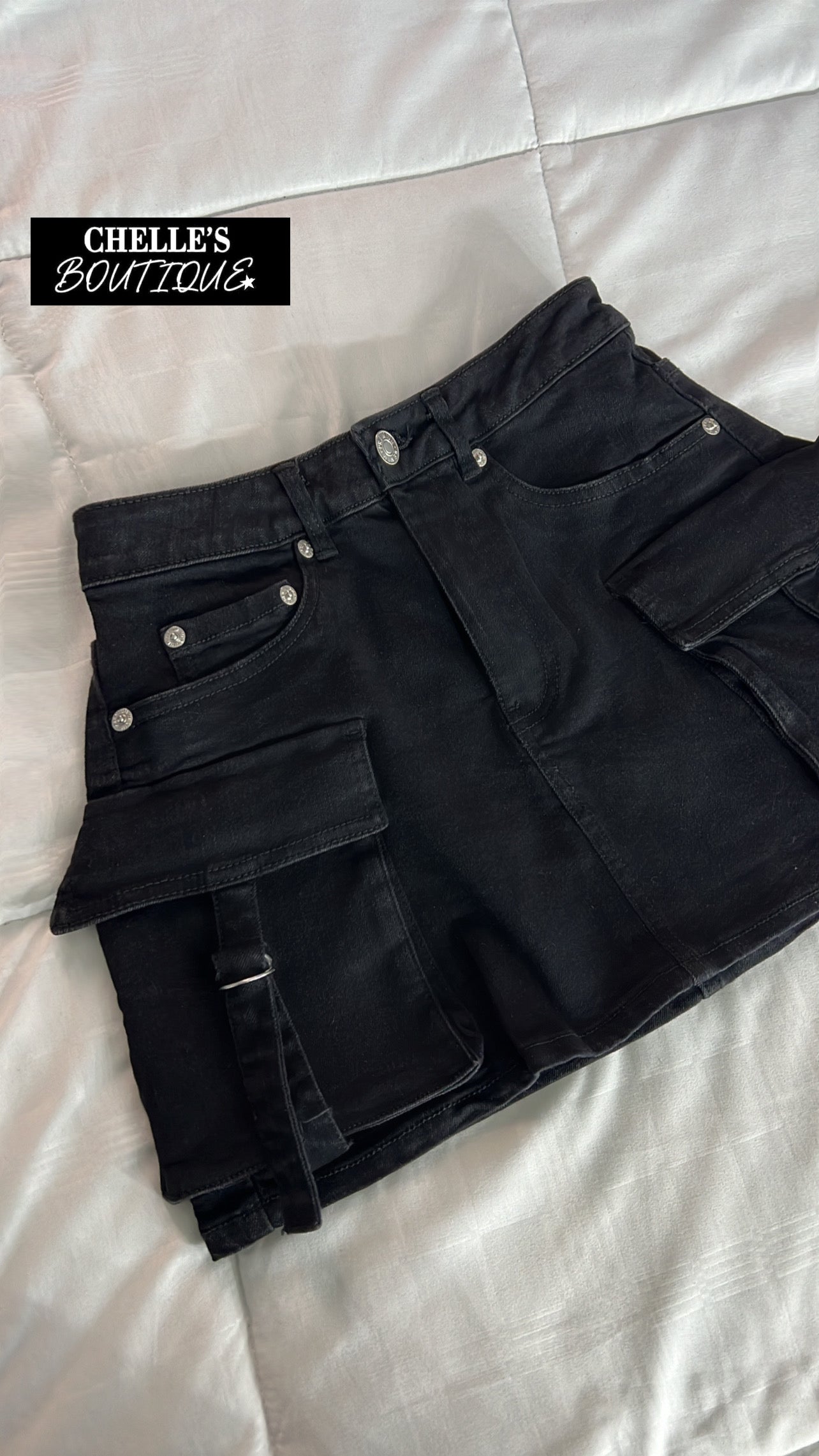 Black Denim Chelle- Cargo Skirts