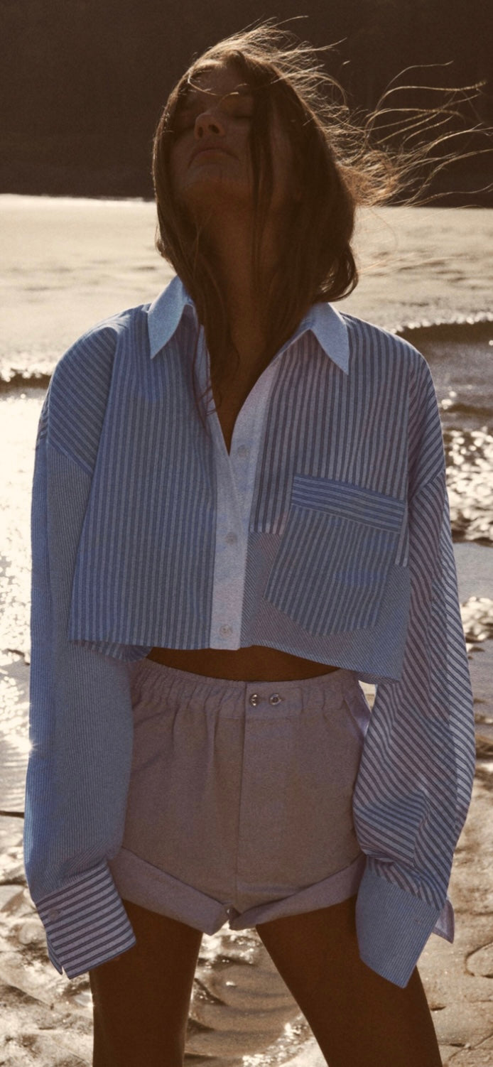 ZARA Stripper Patchwork Crop Poplin Shirt