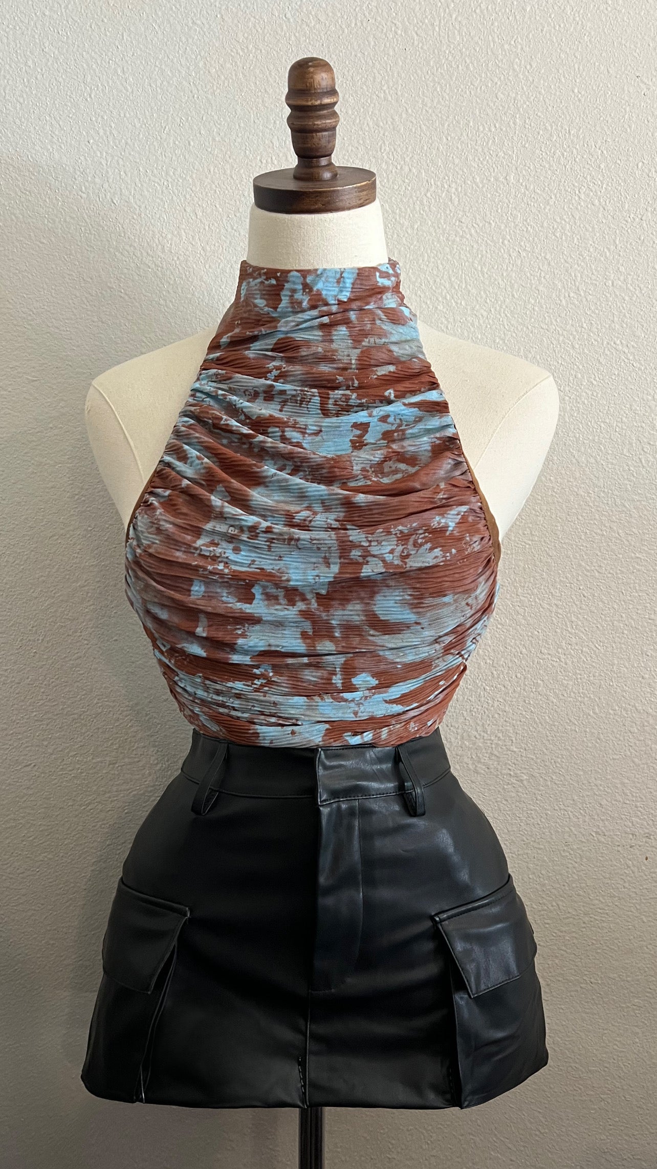 Mocha Rouched Mesh Halter Top