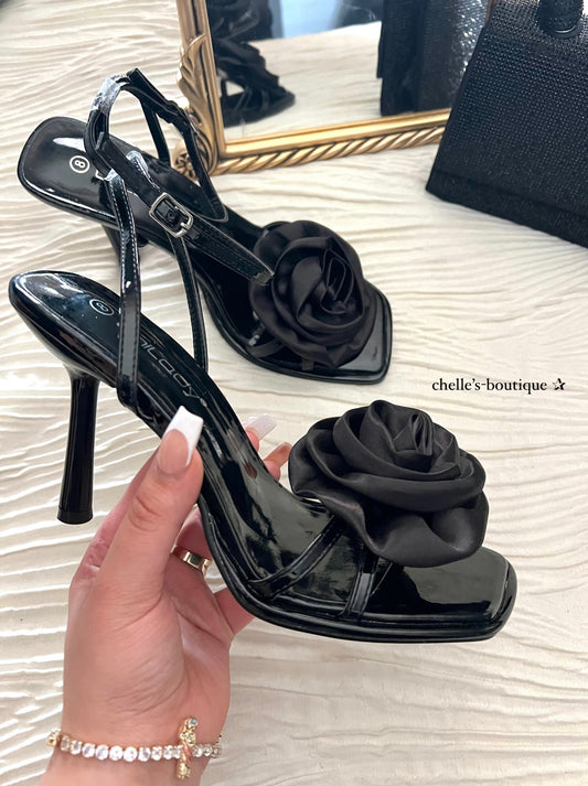 Black Floral Strap Heels