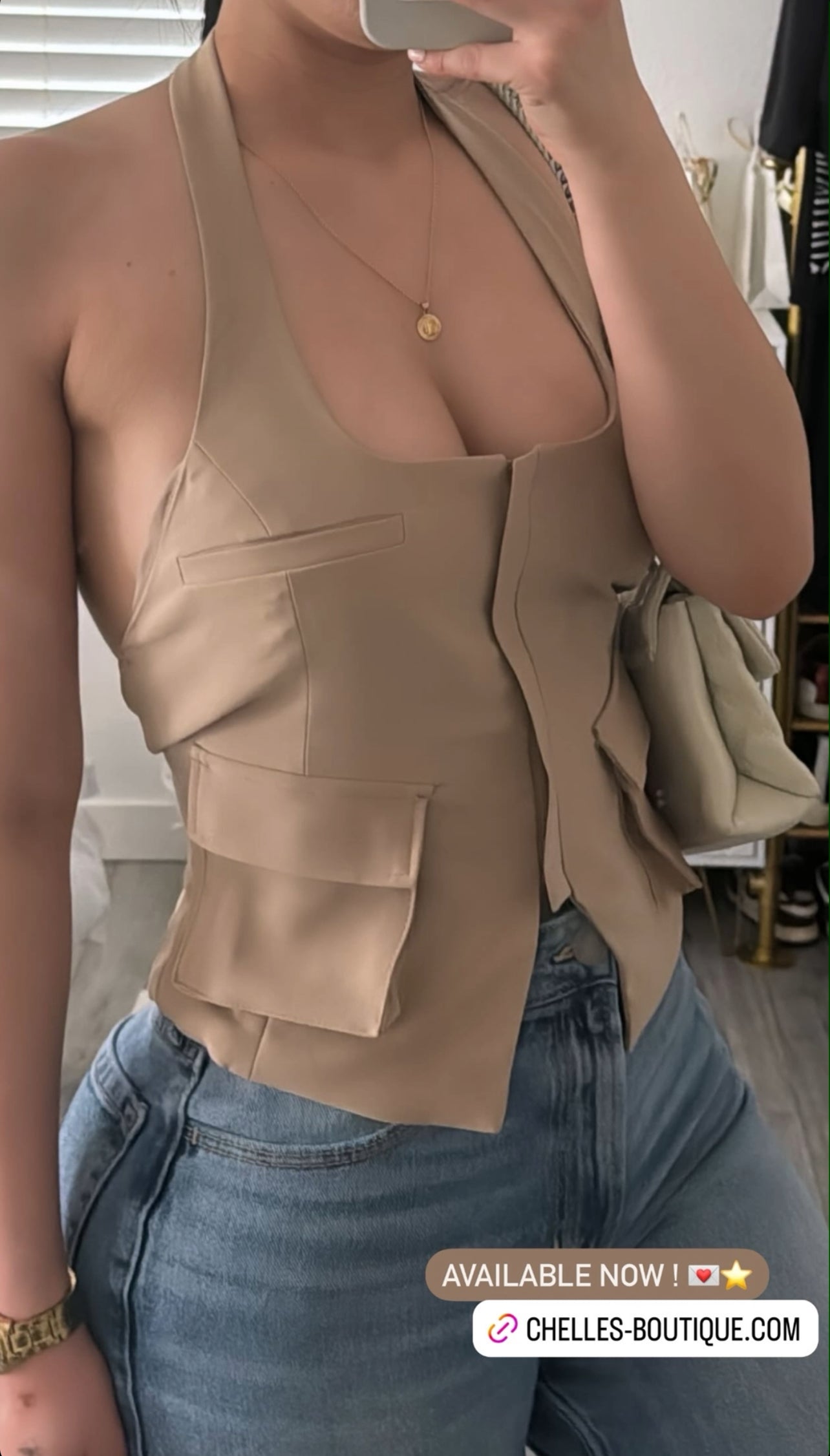 Brown Fitted Pocket Halter Top