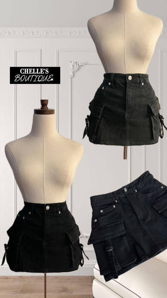 Black Denim Chelle- Cargo Skirts