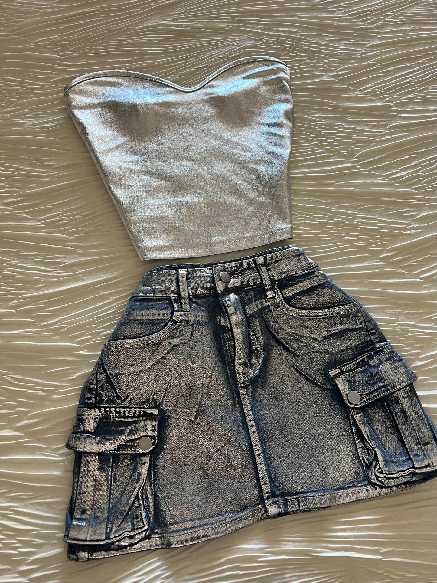 Metalic Foil Denim Cargo Skirt